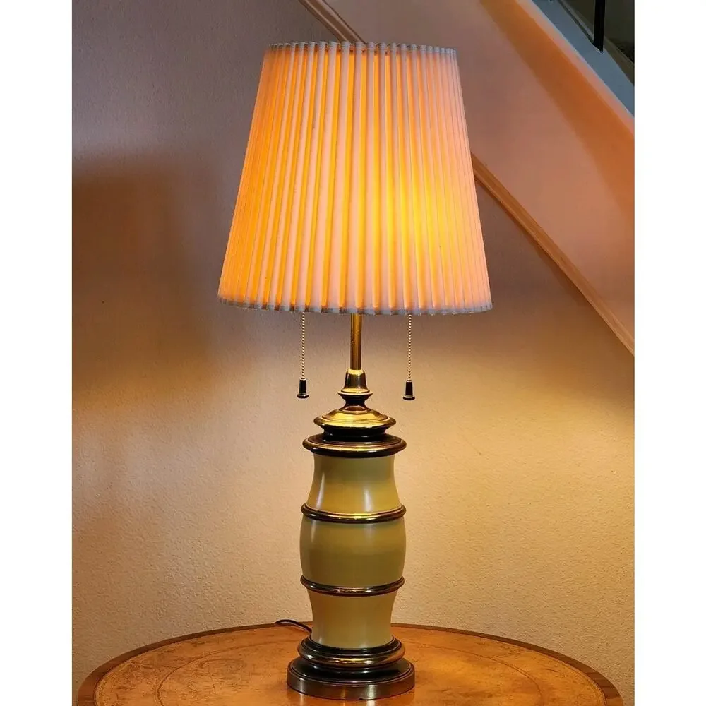 Mid Century STIFFEL Yellow Enamel / Brass DBL Socket Table Lamp 35.5
